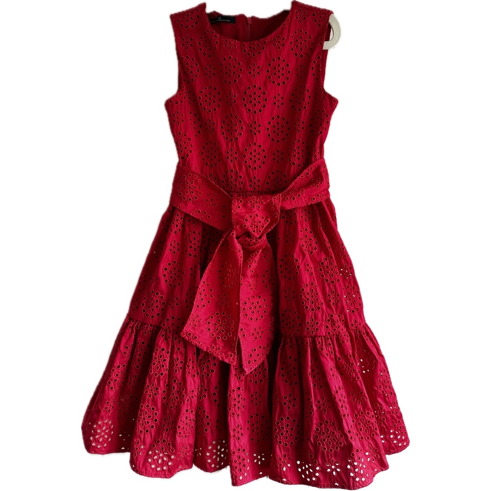 Carolina Herrera Girls’ Belted Eyelet Red Dress